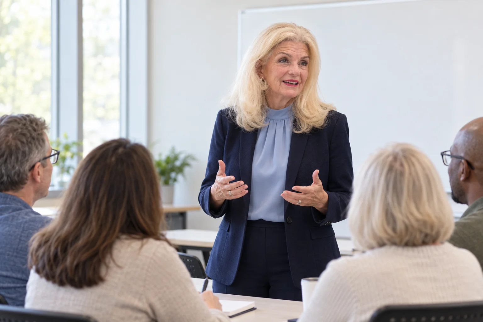 AI-generated illustration: Mary McNutt leading an adult prevention education discussion