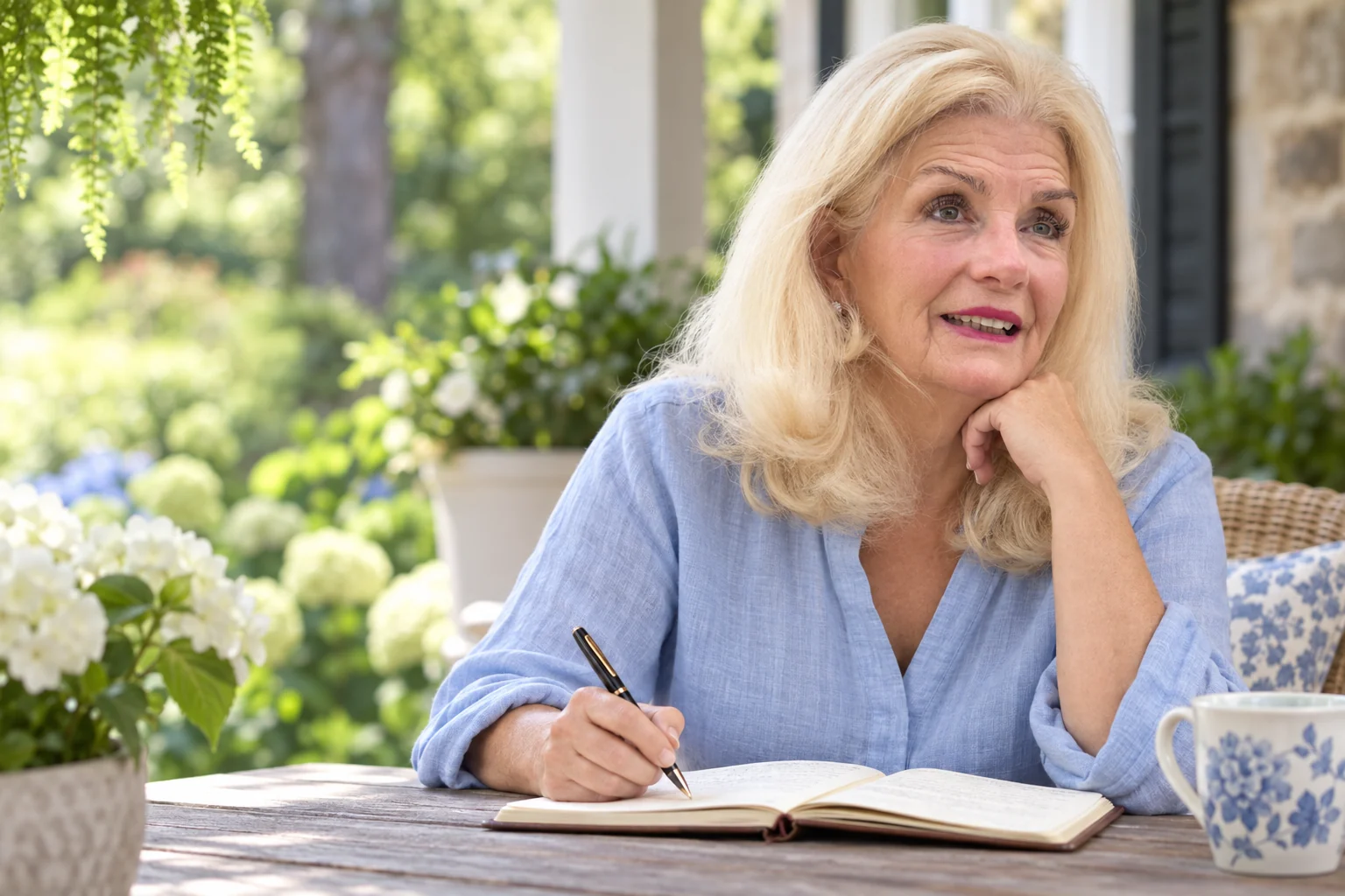 AI-generated illustration: Mary McNutt journaling on a garden veranda