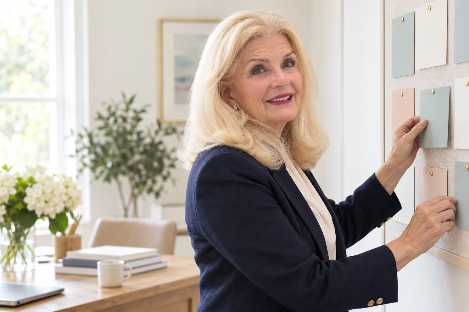 AI-generated illustration: Mary McNutt working on professional goals in a bright office