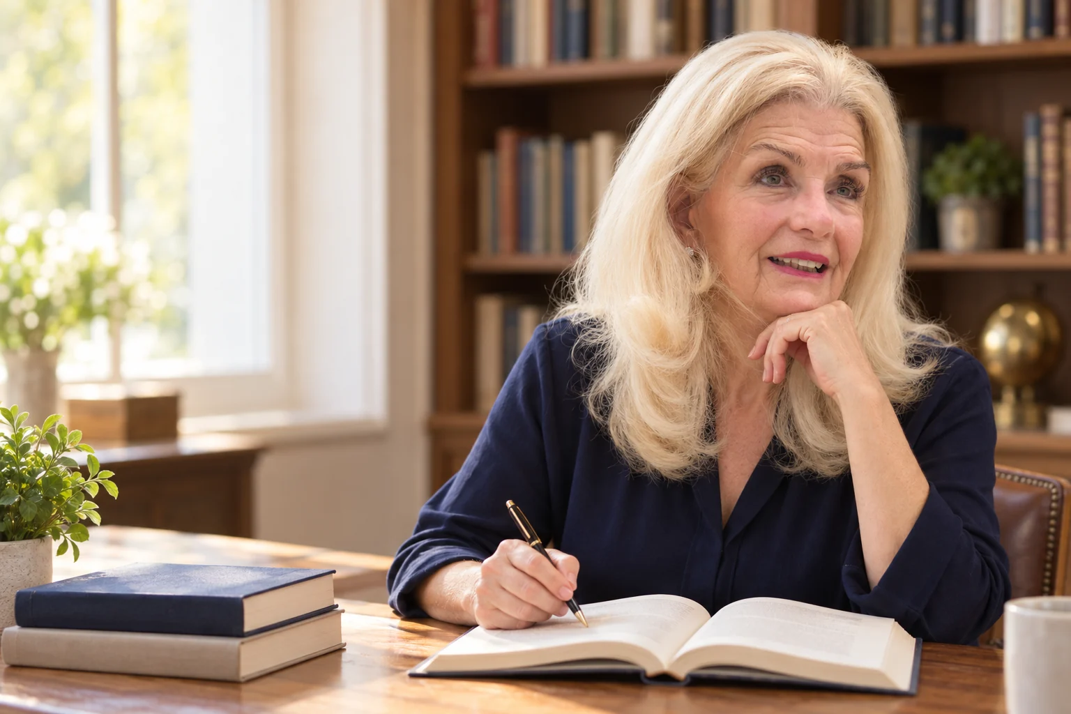 AI-generated illustration: Mary McNutt studying reference books in a library