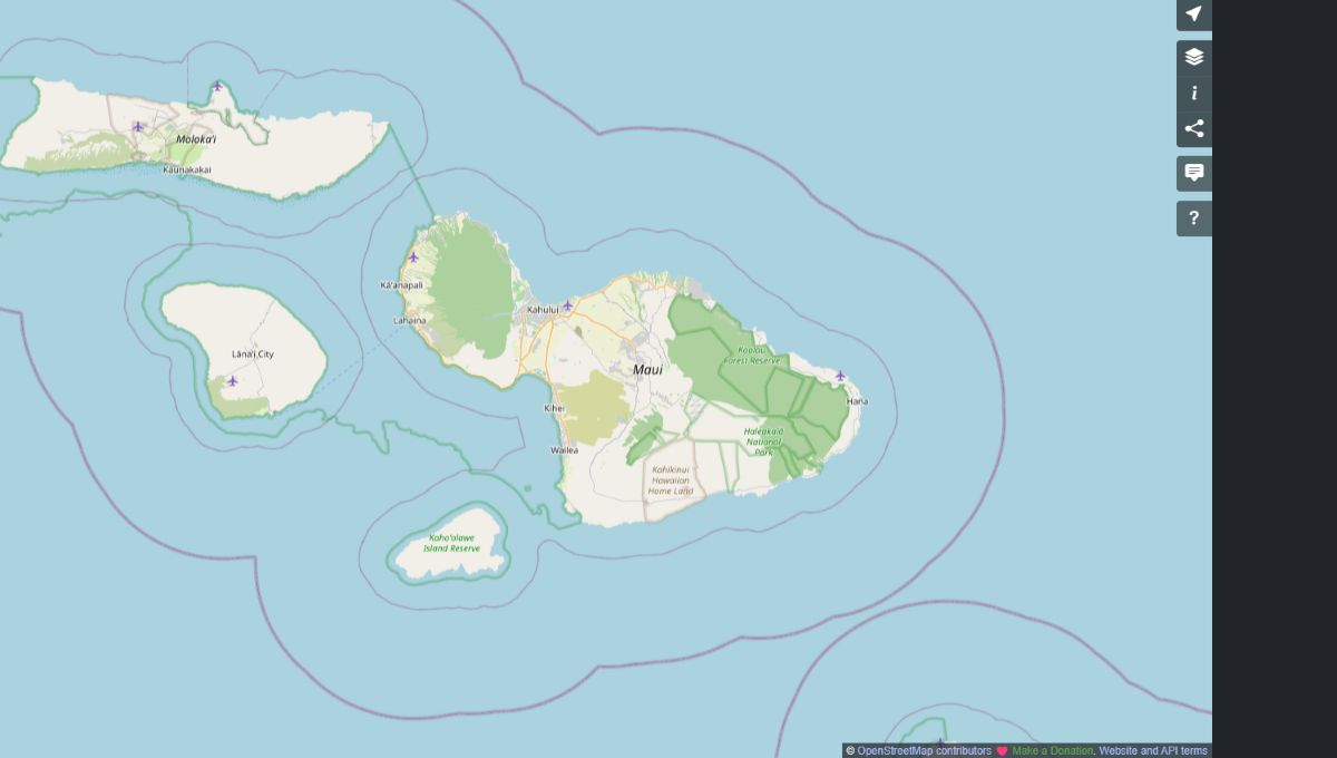 OpenStreetMap showing Maui and the surrounding Hawaiian islands